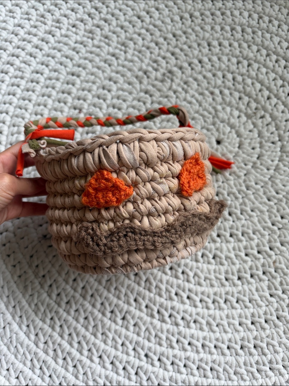 Handmade Beige Crochet Kids Bucket Bag with Orange Accents